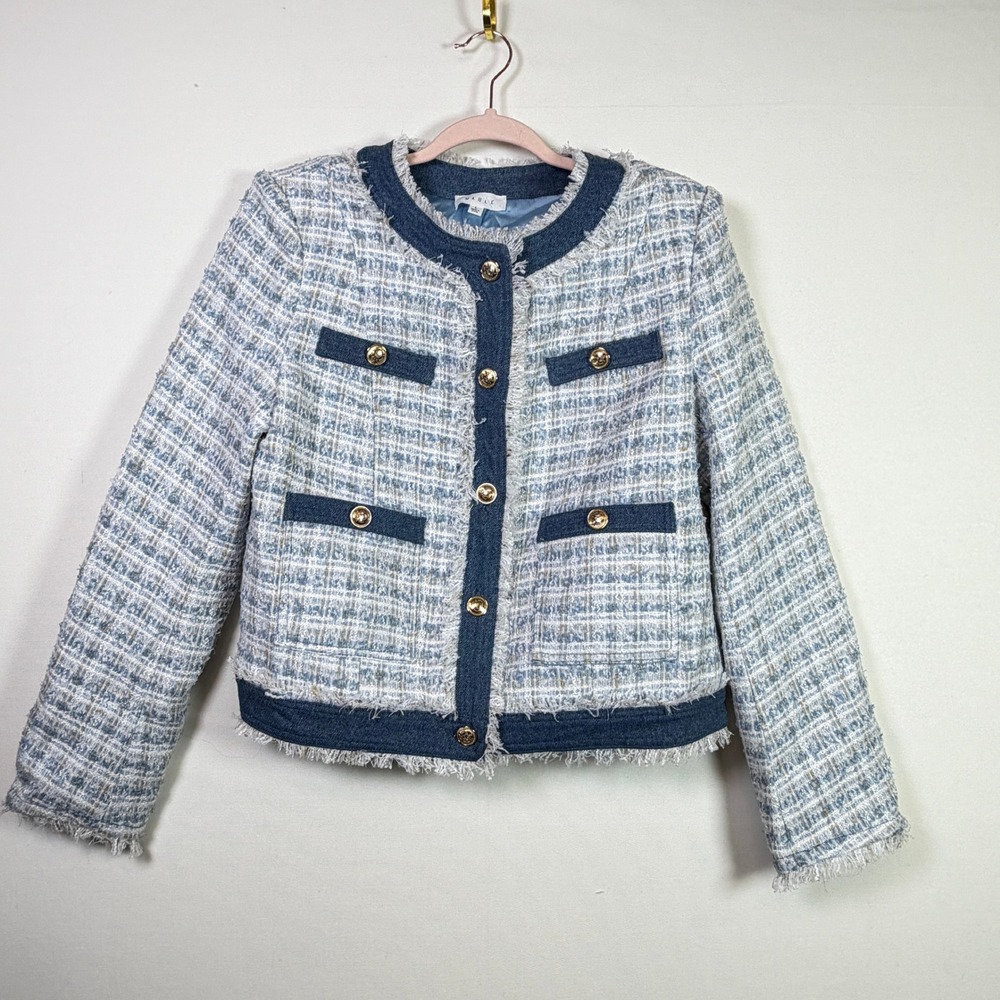 MABLE Blue She's An‎ Icon Tweed Denim Trim Gold Button Blazer Large